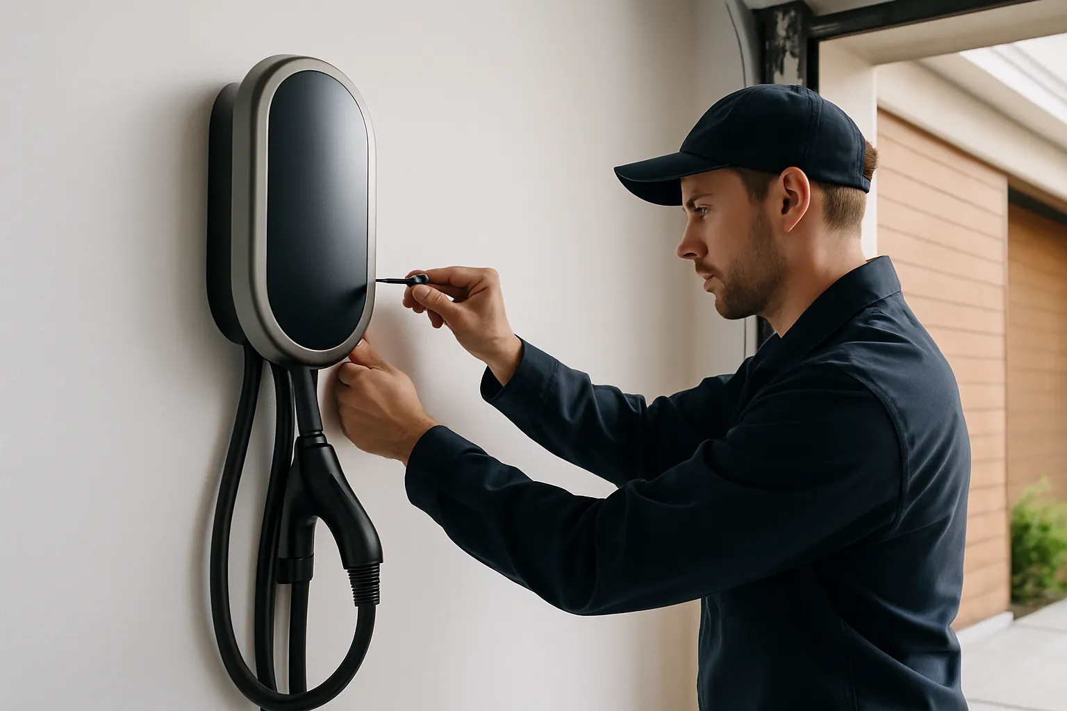 Level 2 EV charger mounted and wired in a home garage