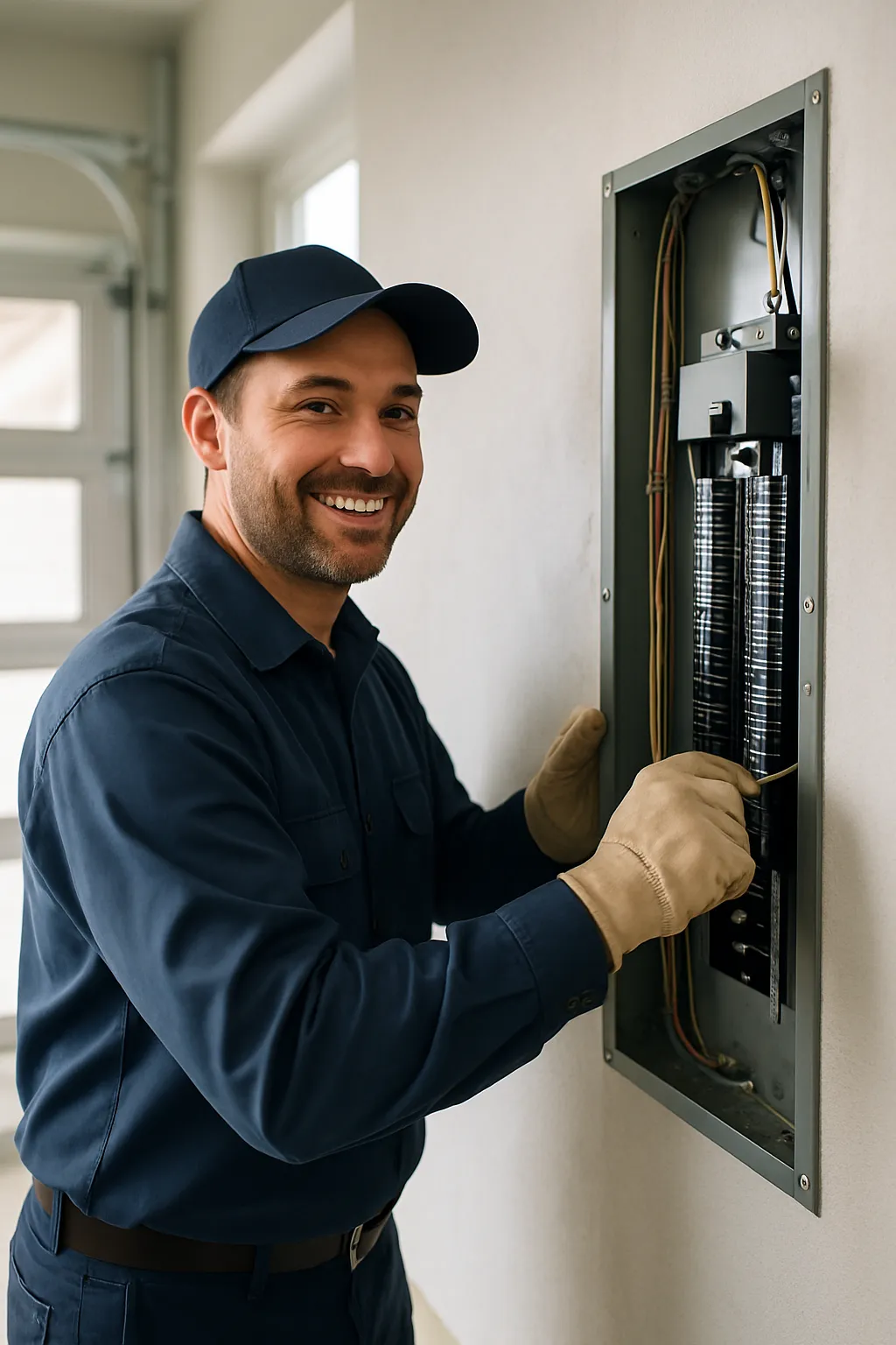 Licensed RDM electrician terminating wire inside a new 200-amp service panel